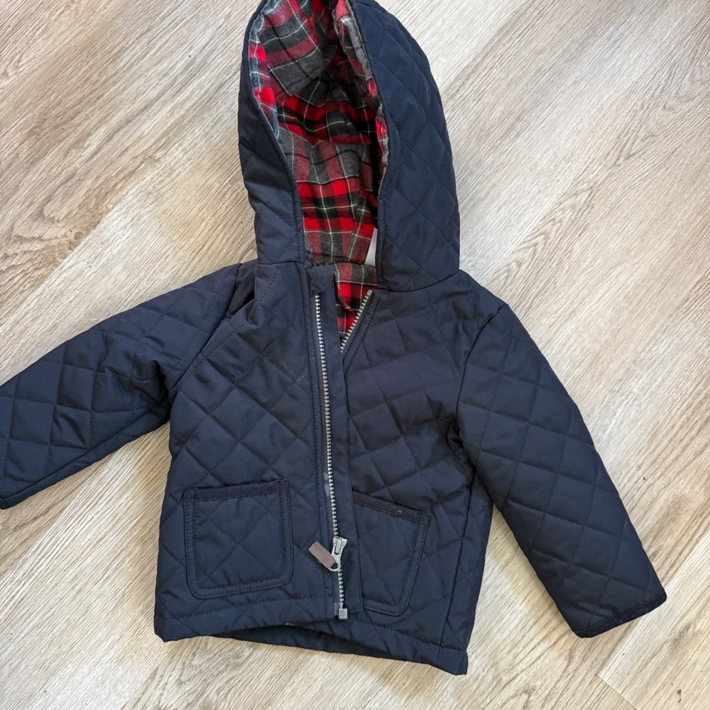 Carters Quilted Plaid Lined Hooded Jacket Navy Red Baby 18 Months